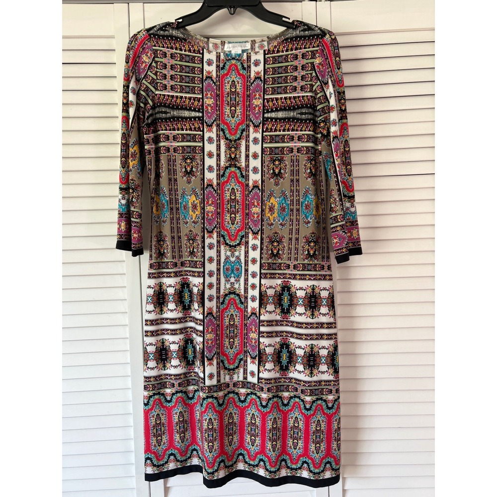 London Times Womens Multi Color Geometric Paisley Sheath Dress 3/4 Sleeve Size 4